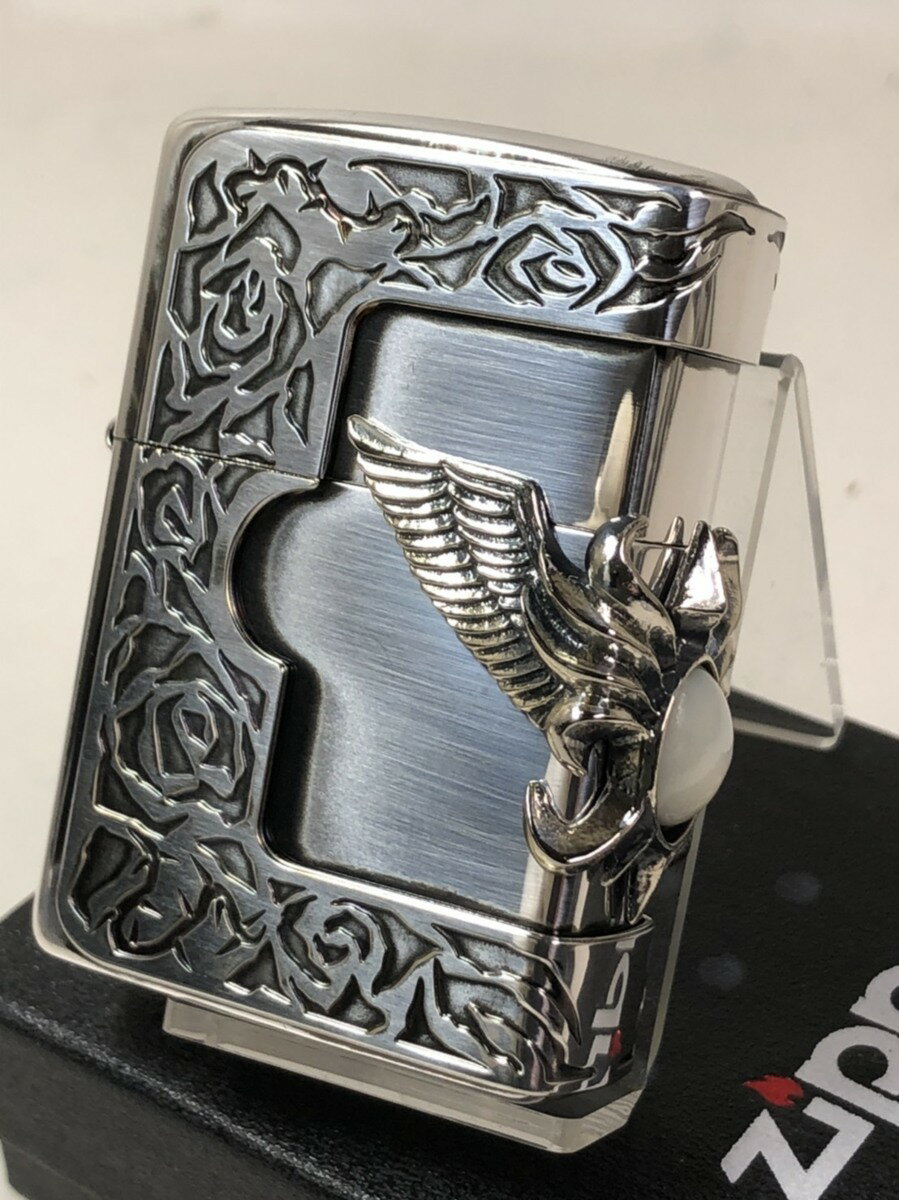 ジッポーライター: 希少 Zippo シェル 天然貝 【 シェル サイドウィング メタル 】 3面連続 ウイング 唐草メタル ☆シルバー☆ 《超豪華!!》 【あ...