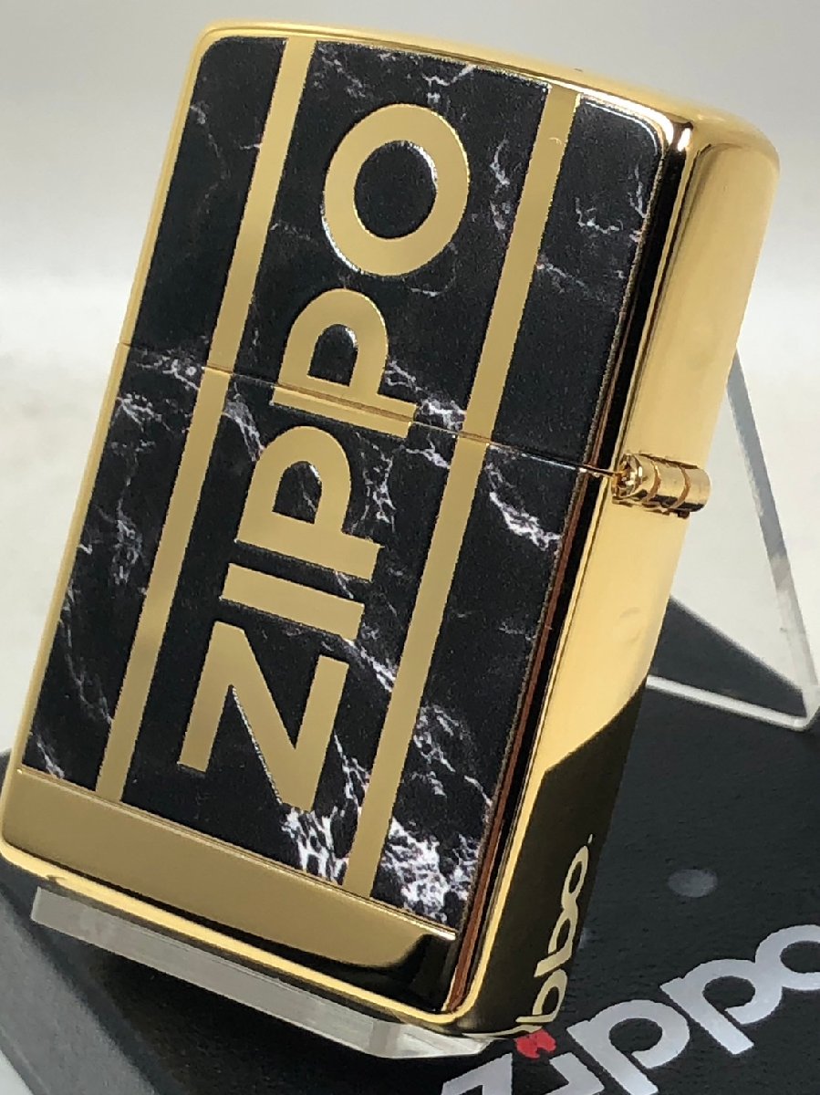 ジッポーライター: Zippo ジッポーロゴ & マーブル ブラック & ゴールド GOLD 大理石調 マーブル柄 【両面加工】 2G-BKMLOGO 金タンク...