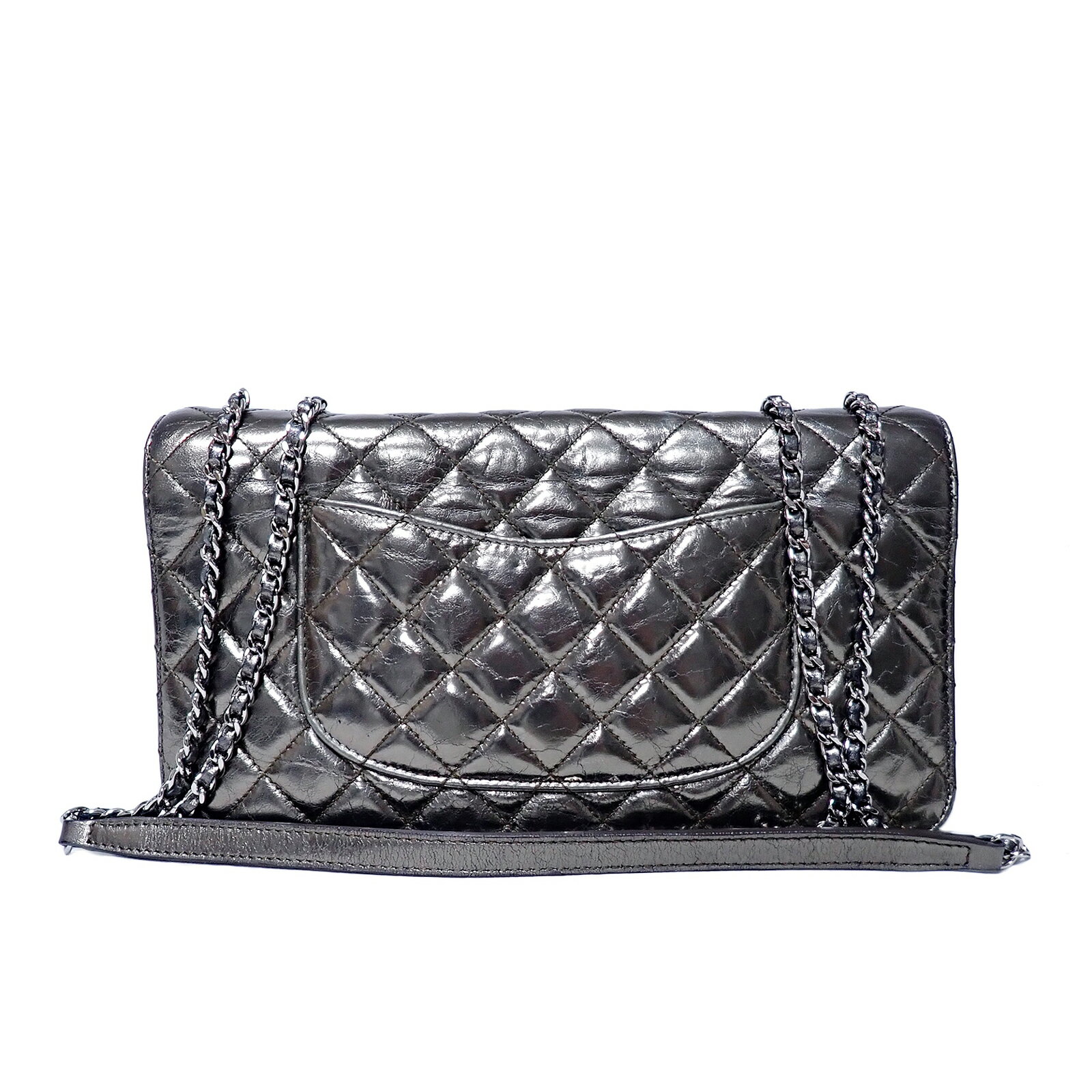 CHANEL シャネル マトラッセ パテントレザー Wチェーン メタリック カーキ シルバー金具 カーキ レディース ショルダーバッグ