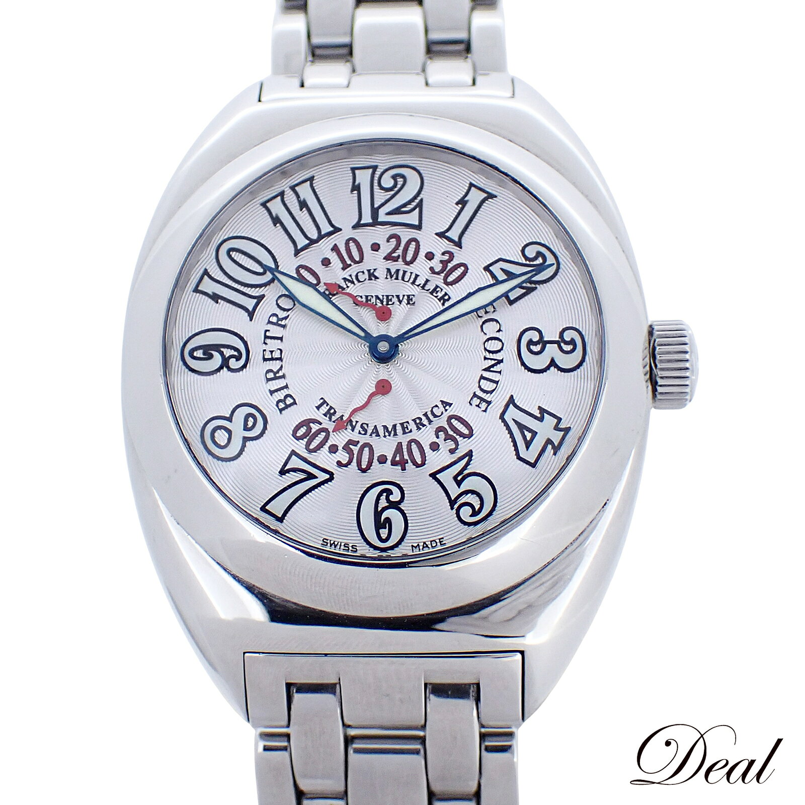商品情報 ブランド：FRANCK MULLER/フランクミュラーモデル名：トランスアメリカ ビーレトロセコンド型番：2000SRシリアル： ***ムーブメント：自動巻き文字盤カラー：シルバーケース素材：SS対象(サイズ)：メンズ ケース：W約43mm(リューズ除く)腕周り(最大)：約17.5cm※多少のサイズ誤差はご了承ください。 付属品：保存箱 状態ランク：AB【時計コンディション】 本体ケース：小キズベゼル：小キズ、スレベルト：小キズ 浅い小傷・擦れはございますが、深いダメージはなく比較的綺麗な状態です。日差は許容範囲内です。 弊社管理番号：035238-1