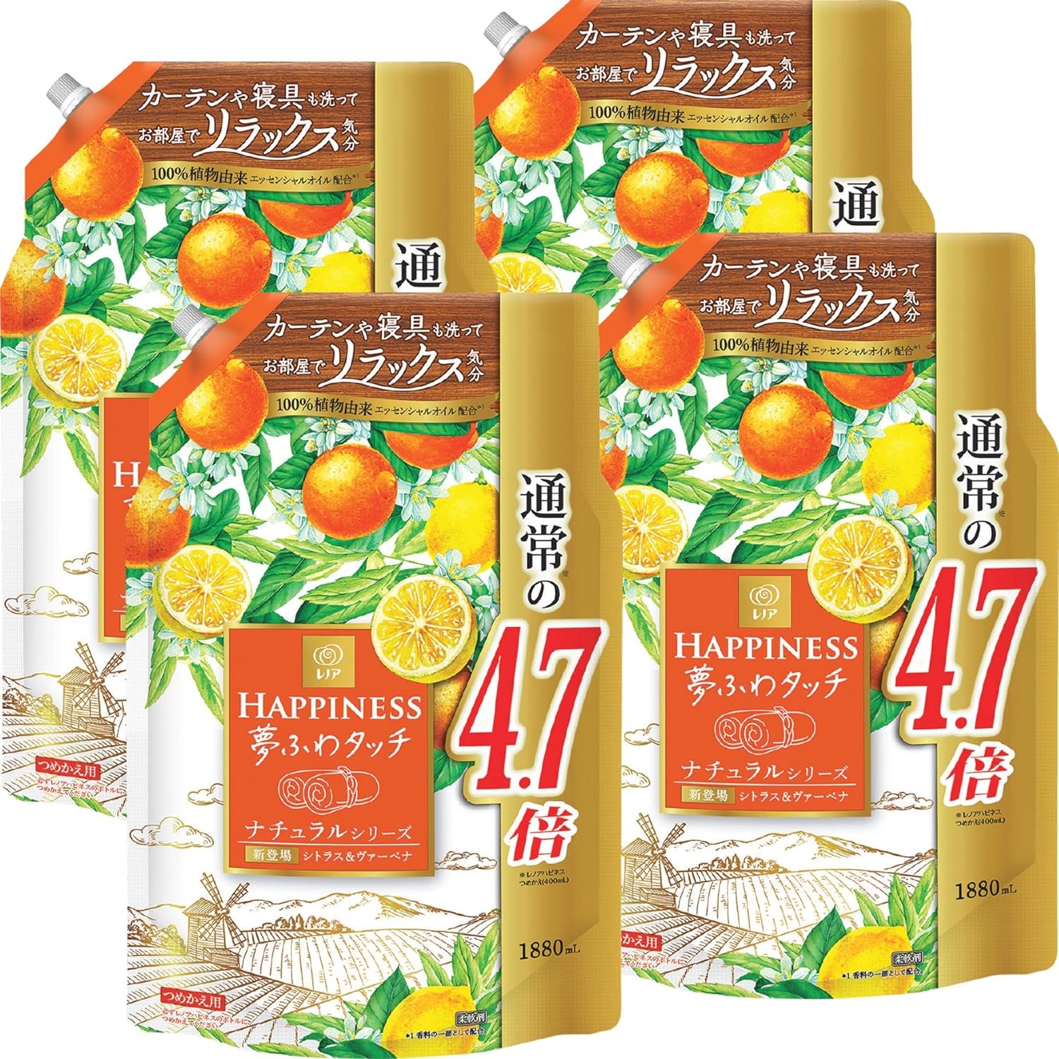 【スーパーセール限定SALE】【4個セット】 レノアハピネス 夢ふわタッチ 柔軟剤 シトラス&ヴァーベナ 詰め替え レノア P&G 洗濯柔軟剤 業務量 大容量 1,880mL [大容量]のサムネイル