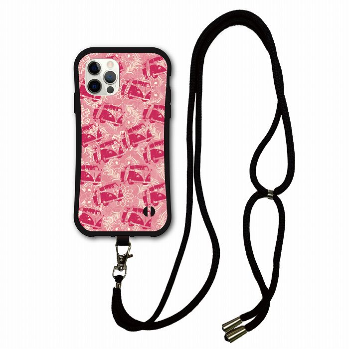 【スーパーセール 大特価】 iPhone15 Plus スマホケース i-coronケース スマホショルダー付 アイフォン 14 13 12 11 XR XS スマホケース 肩掛け 斜め掛け 耐衝撃 ダマスク柄 バス ピンク かわいい