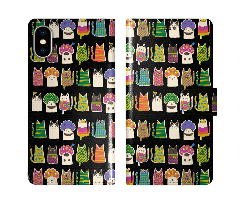 iPhone12 ケース 手帳型 人気ブランド スカラー スマホケース iPhone12 Pro iPhone12 mini iPhone12 Pro Max iPhoneSE 第2世代 iPhone11 Pro Max 11 Pro 11 XR XS 8 7 6S アイフォンカバー ケース ScoLar ネコいっぱい 猫柄 アフロ猫と仲間 ブラック