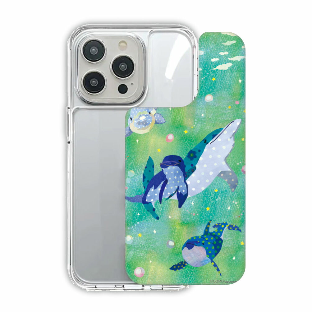 【クーポン利用で 2970円→2673円】 iPhone17 TPUPCケース iPhone Air スマホケース 耐衝撃 iPhone 17e iPhone 16e iPhone16 16 Pro 15 14 13 スマホカバー グリップ 保護ケース COMO アニマル柄 イルカ 親子 仲良し グリーン