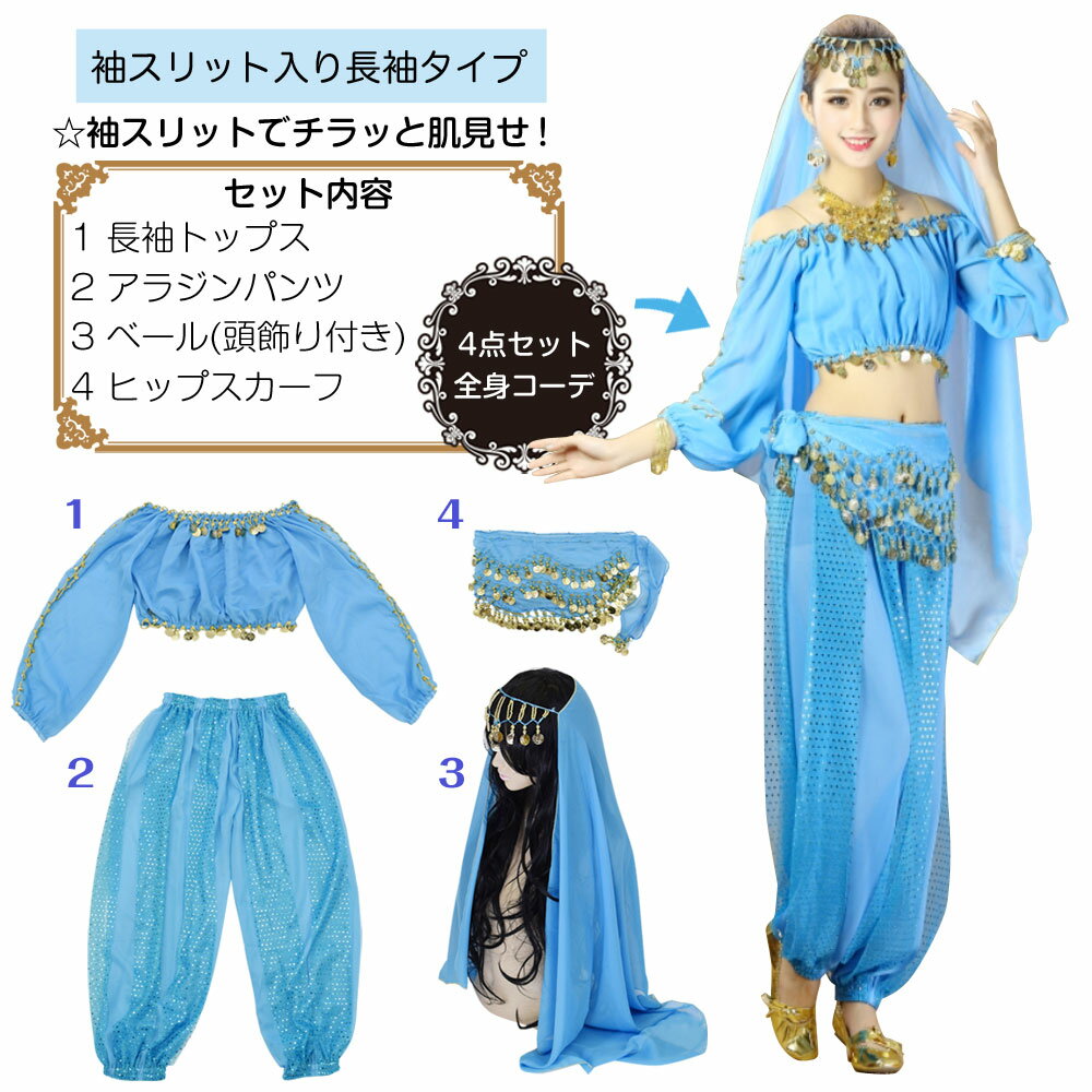 イベント 衣装 HD58455 ベリーダンス 衣装 セット アラビアン衣装全身4点セット(長袖/パンツタイプ) コスプレ アラジン コスチューム ステージ ハロウィン 仮装 余興 【楽ギフ_包装】 ha-a