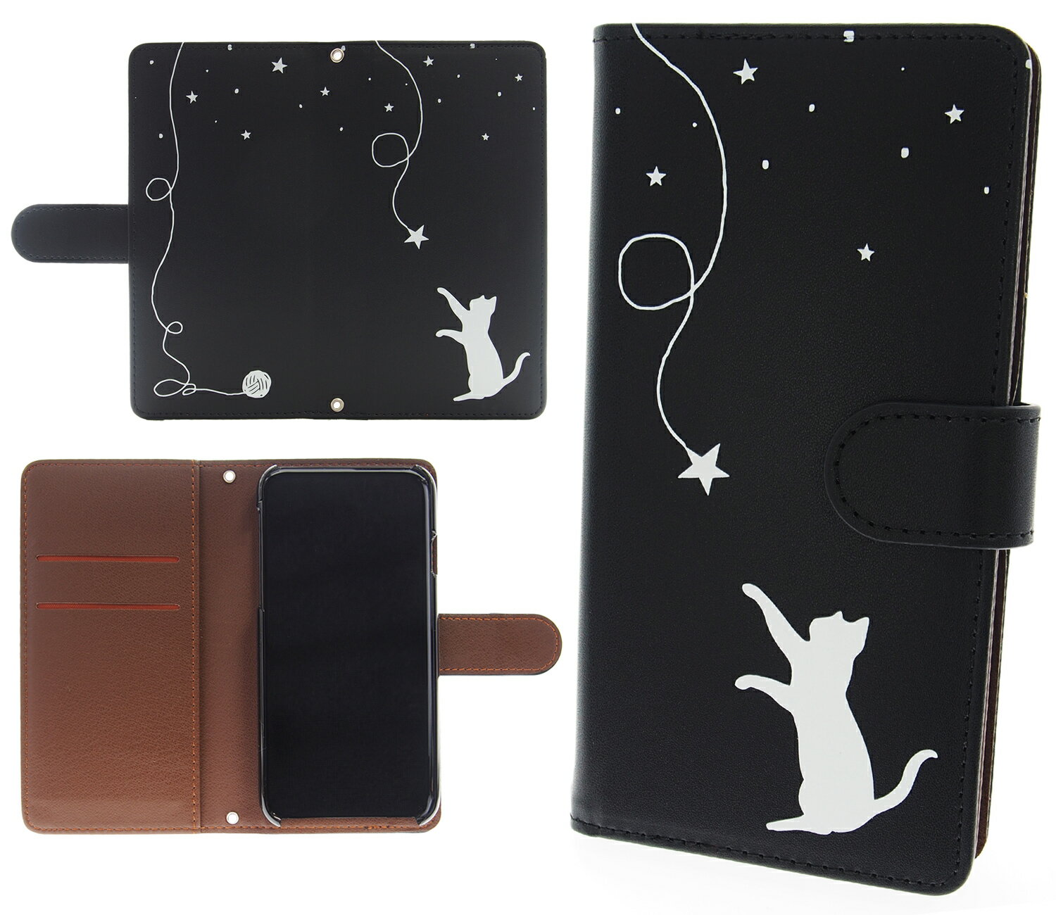 シンプルスマホ5 A001SH ケース ネコ シルエット 猫 手帳型ケース ねこ カバー 手帳 カードポケット カード入れ 手帳型カバー 可愛い お洒落 黒 ブ...