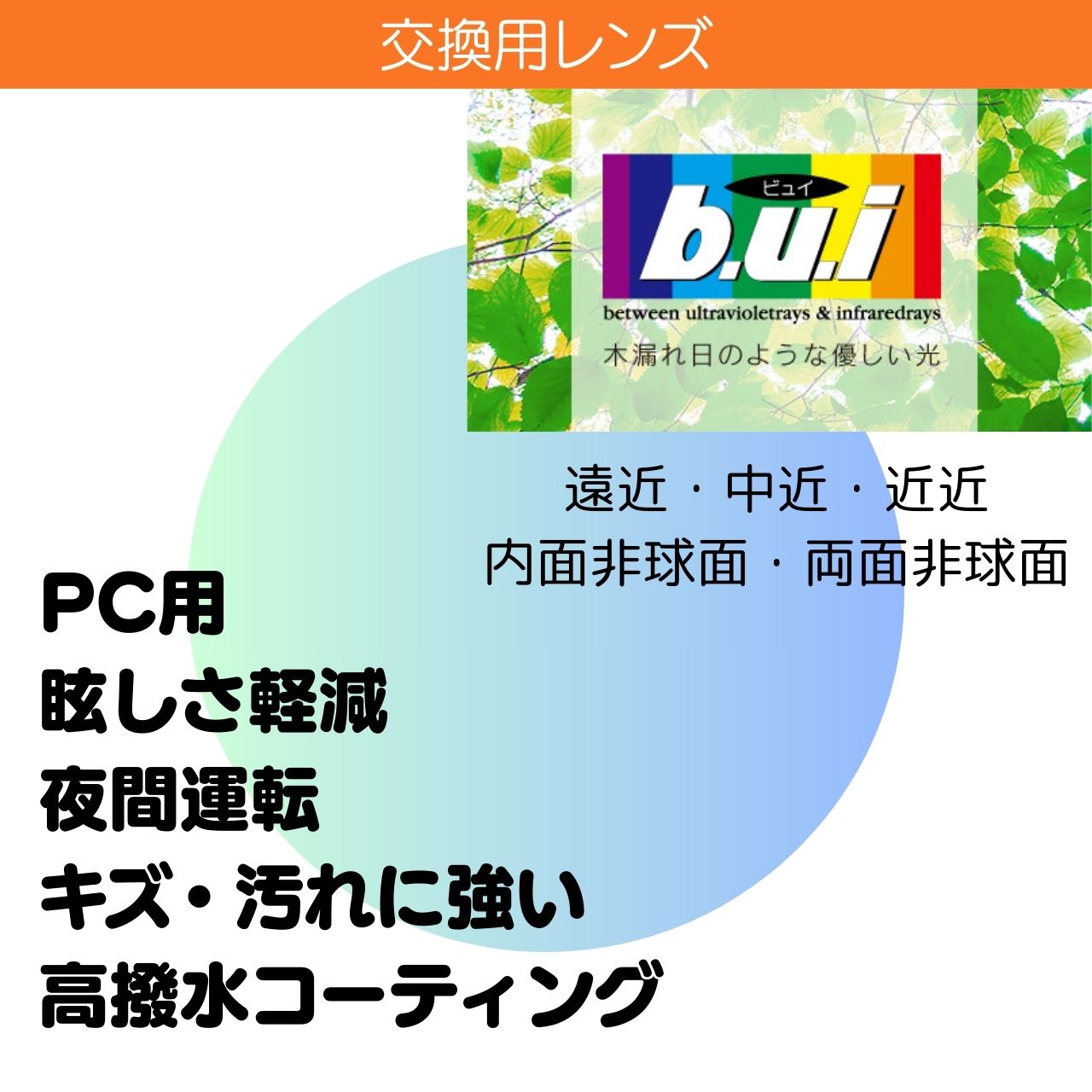 交換用 ビュイb.u.i 眼精疲労予防 2枚一組 遠近両用 中近両用 累進レンズ 内面非球面 両面非球面 1.60 パソコン スマホ ブルーライトカット 疲れ目 紫外線カット UV400 高撥水コート ネッツペックコーティング