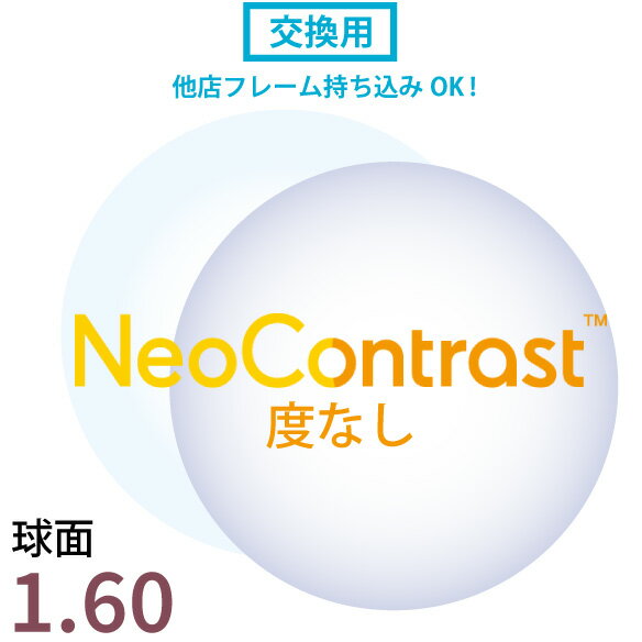 【交換用】 度なし ネオコントラスト 1.60 球面（2枚1組） 他店購入フレーム OK！ レンズ交換 伊達レンズ 眩しさ対策 防眩 くっきり コントラストを高める 白内障 緑内障 術後 対策 予防 加齢 保護メガネ 夜間運転可能