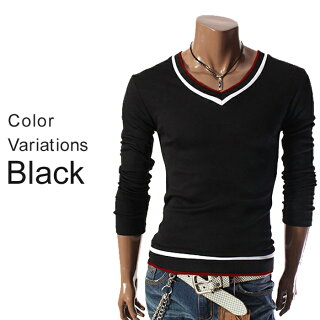 TシャツメンズトリコロールVネックカットソー長袖無地ロングスリーブロンTトップスキレイめコーデ白黒春夏秋メンズファッション