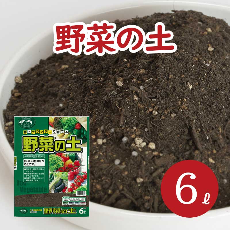 【いっしょに便利】 【使い切りタイプ】 【商品の特徴】 ●この土は、保肥力に優れ、水ハケの良い、　酸素供給が十分に調整された　大変使用しやすい野菜用の土です。 ●初期生育を助ける元肥が入っています。 ●保肥力も高く、おいしい野菜を育てます。 　以下は、容量の目安です。 （10号鉢） 幅30cm×高さ24cm　→約 8L （9号鉢） 幅27cm×高さ23cm　→約 6L （8号鉢） 幅25cm×高さ20cm　→約 4.5L （6号鉢） 幅20cm×高さ16cm　→約 2.2L （背の高い8号鉢） 　　　　　 　 幅24cm×高さ24cm　→約6L ※形状によりますが、あくまで目安です。　　（L→リットルの略です） 【適応植物】 トマト、ナス、ピーマン、キュウリ、 イチゴ、コマツナ、ブロッコリー、レタス　など ◇土の状態◇ 【色】　こげ茶色 【硬さ】やわらか 【湿気】湿っている 【主な配合原料】パーク堆肥、ピートモス、br>赤玉土、黒土、バーミキュライト、ゼオライトなど 【肥料配合の有無】 有（緩効性化成肥料） 【pH】 6．5±0．5 【EC（ms/cm）】 1．0以下 ⇒ 【野菜の土 5L】　 ⇒ 【野菜の土 7L】　 ⇒培養土・園芸資材シリーズ■ 店長のどっちゃんからお客様に ■安心便利な【使い切りタイプ】。 ■おいしい野菜を作る土です。 ■おいしい野菜を作る土は、愛知県碧南市（弊社から車で5分）で作られています。 ■ 商品詳細 名称 鉢・プランターで育てる 野菜の土 量 6L (6L×1袋) 商品特徴 ●この土は、保肥力に優れ、水ハケの良い、酸素供給が十分に調整された大変使用しやすい野菜用の土です。 ●初期生育を助ける元肥が入っています。 ●保肥力も高く、おいしい野菜を育てます。 適応植物 トマト、ナス、ピーマン、キュウリ、イチゴ、コマツナ、ブロッコリー、レタス　など 土の状態 【色】こげ茶色 【硬さ】やわらか 【湿気】湿っている 主な配合原料 パーク堆肥、ピートモス、赤玉土、黒土、バーミキュライト、ゼオライトなど 肥料配合の有無 有（緩効性化成肥料）【pH】6．5±0．5　【EC（ms/cm）】1．0以下 容量の目安 （10号鉢） 幅30cm×高さ24cm　→約 8L （9号鉢） 幅27cm×高さ23cm　→約 6L （8号鉢） 幅25cm×高さ20cm　→約 4.5L （6号鉢） 幅20cm×高さ16cm　→約 2.2L （背の高い8号鉢）幅24cm×高さ24cm　→約6L ※形状によりますが、あくまで目安です。 ※L→リットルの略です。 関連商品 ●野菜の土 1L (1L×1袋)●野菜の土 2L (1L×2袋)●野菜の土 3L (1L×3袋)●野菜の土 4L (1L×4袋)●野菜の土 5L (1L×5袋)●野菜の土 6L (6L×1袋)●野菜の土 7L (6L×1袋・1L×1袋)●野菜の土 8L (6L×1袋・1L×2袋)●野菜の土 9L (6L×1袋・1L×3袋)●野菜の土 10L (6L×1袋・1L×4袋)●野菜の土 11L (6L×1袋・1L×5袋)●野菜の土 12L (6L×2袋)