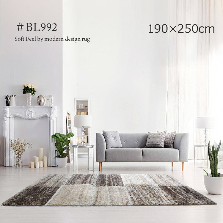 《 Soft Feel シャギーラグ ＃BL992 190×250cm》約3畳 ウィルトン織り トルコ製 パイル長40mm ホットカーペット対応。モダンデザイン ホテルライク 北欧インテリア シャギーラグ カービングブロックデザイン べージュブラウン おしゃれ 高級感 リビング ラグ 大判サイズ