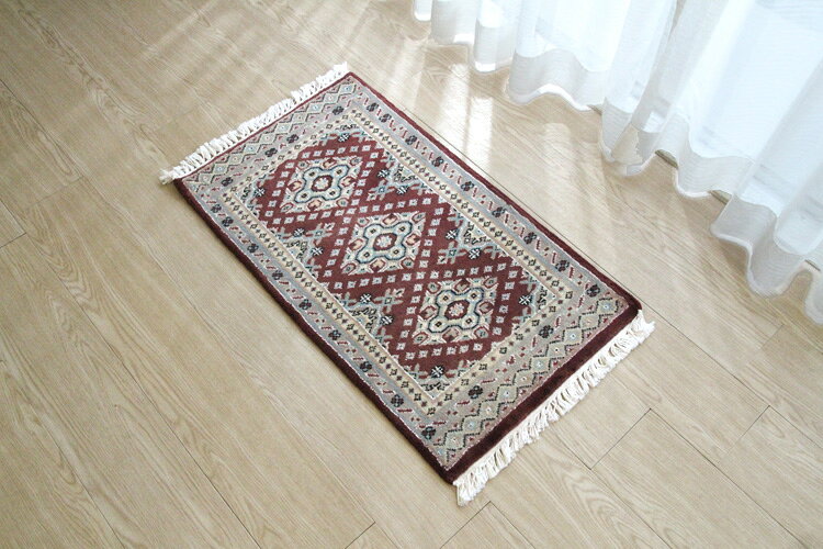 パキスタン段通玄関マット ボハラデザイン《10×20 PR69-8650 47×77cm マルーン色》手織り緞通 ウール100%  アジアンスタイル 和のテイスト マルーン色 ギフト対応 [3]
