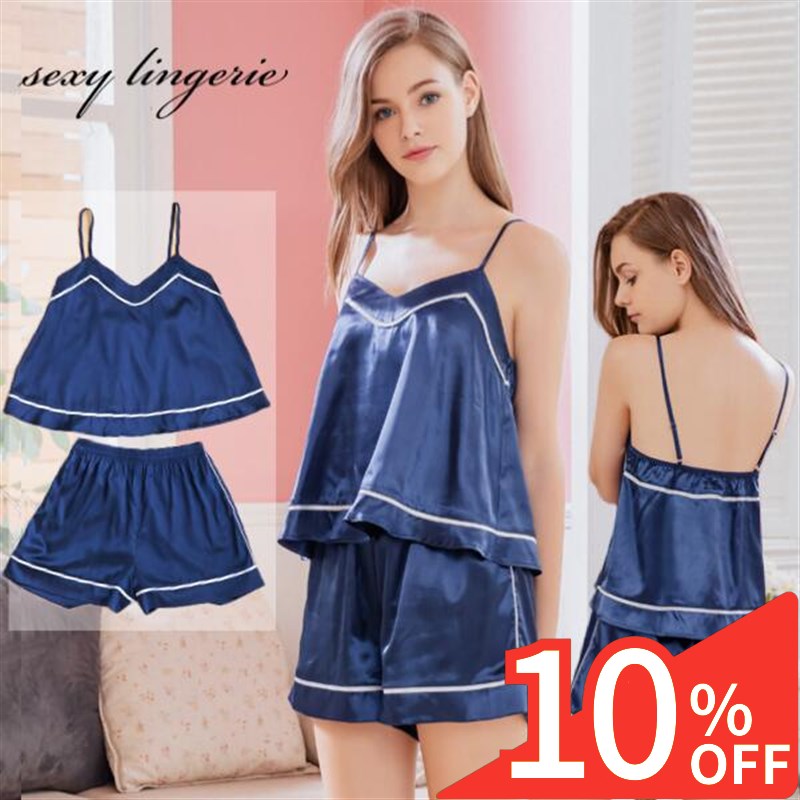 【Rakuten Fashion THE SALE 10%OFF】 ルームウェア キャミソール ショートパンツ 上下セット 青 サテン ナイトウェア パジャマ 部屋着 寝巻 寝間着 セットアップ シンプル 可愛い 透け透け スケスケ レディース セクシ-ランジェリー エロ 過激 エッチな下着 エロい 下着