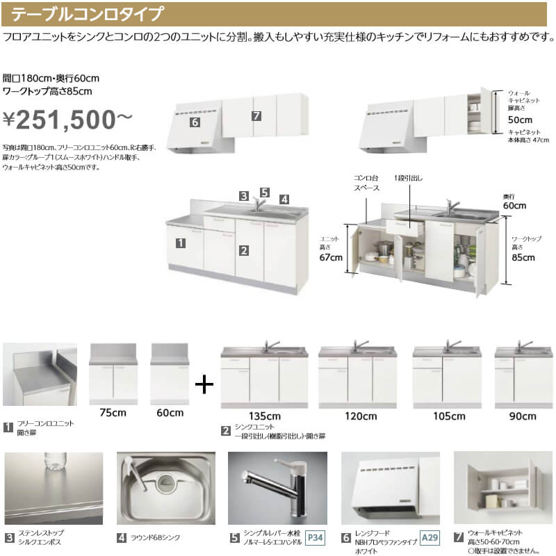 コンパクトキッチン ティオ Tio LixiL 壁付I型 テーブルコンロ W1800mm 間口180cm フリーコンロユニット75cm グループ1 リクシル 流し台 フロアユニットのみ