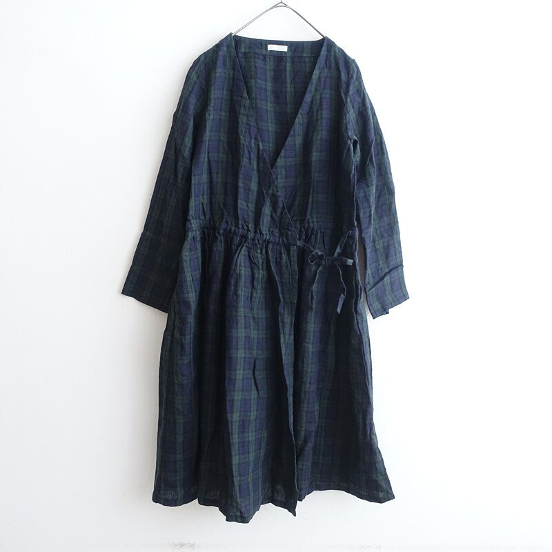 乐天商城 - 【美品】フォグリネンワーク fog linen work リネンチェックドロストカシュクールワンピース 【中古】【80F62】