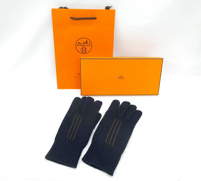 Rakuten - 未使用/HERMES エルメス/ワルシャワ 手袋/Mサイズ カシミヤ100% ネイビー/外箱付き/FB1313