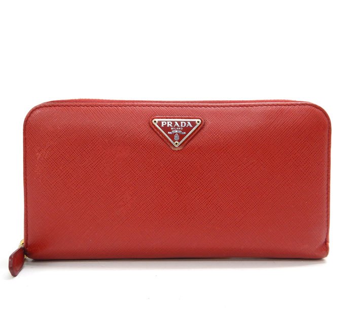 PRADA プラダ/サフィアーノ 三角ロゴプレート/ラウンドファスナー長財布/レッド 赤/ロングウォレット/FB3470