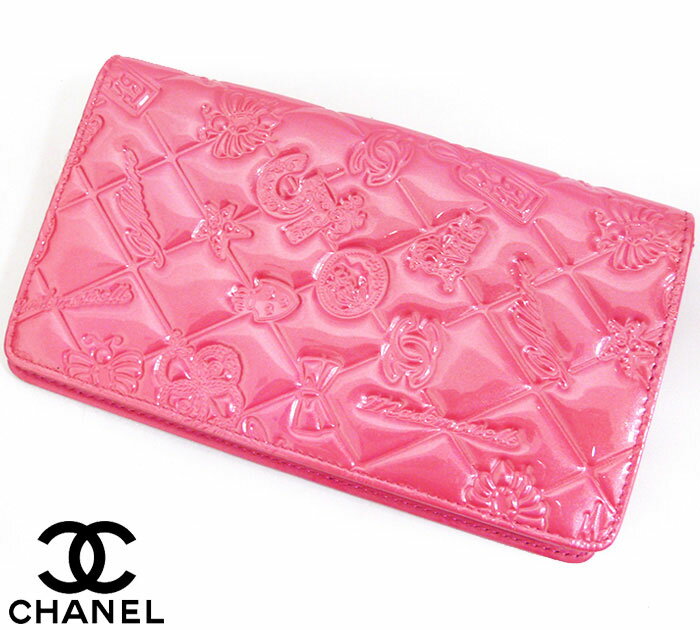 【CHANEL】シャネル アイコン　長財布 ピンク エナメル パテントレザー 2つ折り お札入れ 小銭入れ サイフ【中古】