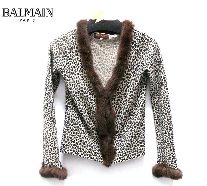 【BALMAIN】 バルマン ファー付きウールレオパード柄ニットカーディガン 38 【中古】