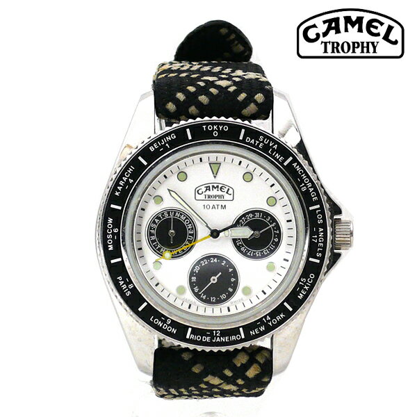 【CAMEL TROPHY】キャメルトロフィー 腕時計 CT-09 レディース デイデイトアワー 白文字盤 黒ベゼル 10気圧防水 【中古】