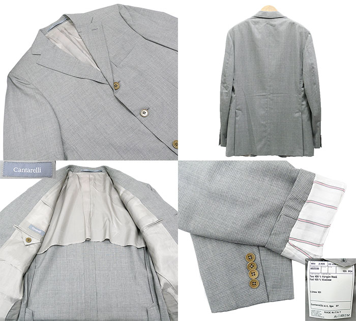 【値下げしました」【Cantarelli】×【BARNEYS NEWYORK】カンタレリ×バーニーズニューヨーク バードアイチェック 3B折り返し テーラリング セットアップ スーツ グレー サイズ46 イタリア製 メンズ フォーマル【中古】