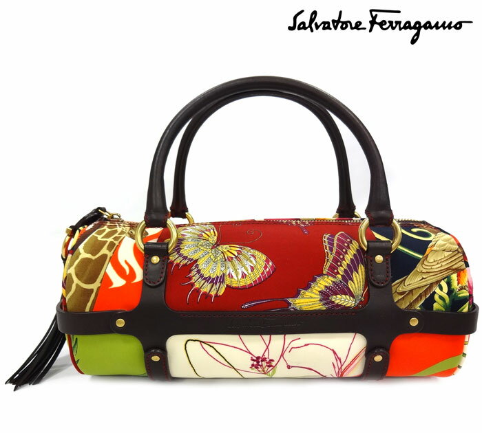 【Salvatore Ferragamo】フェラガモ ハンドバッグ ボストンバッグ フラワー柄 ナイロンキャンバス レザー マルチカラー レディース AQ-21 6900 イタリア製 RC0244【中古】