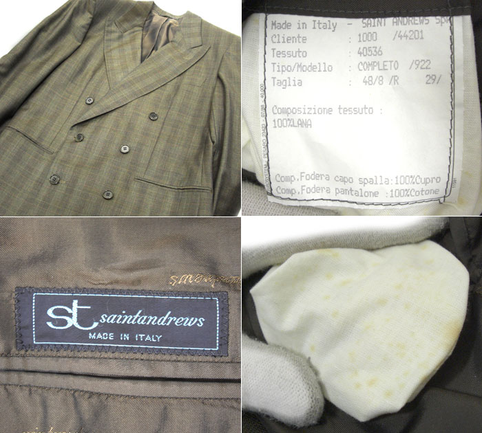 【値下げしました】【st saintandrews】セントアンドリュース ダブルブレストジャケット シャドウチェック サイズ48 ブラウン系 イタリア製 メンズ RM1754【中古】