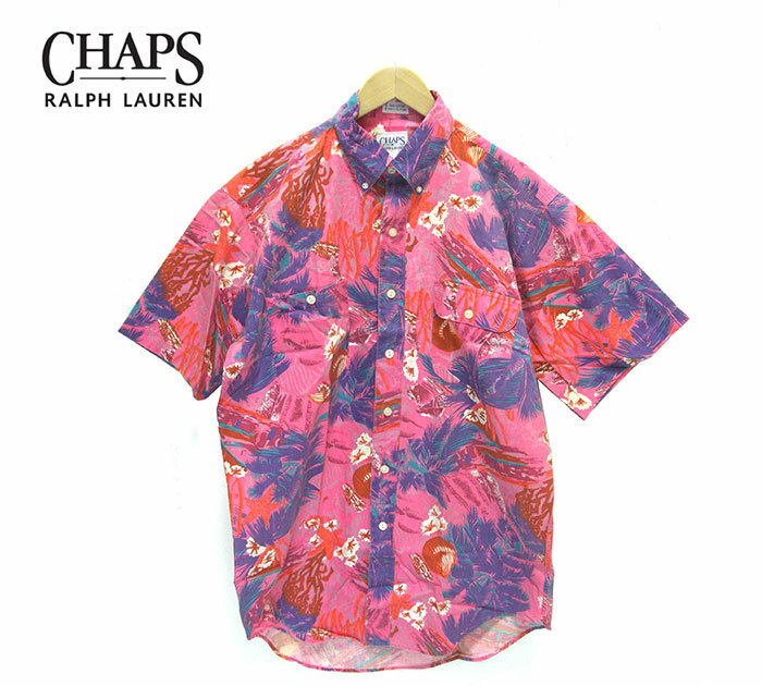 【CHAPS RALPH LAUREN】チャップスラルフローレン ショートスリーブシャツ 90Sヴィンテージ コットン ピンク系 ボタンダウン リゾート柄 レア サイズM メンズ 男性用 トップス 半袖 RC2298【中古】