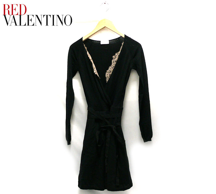 ブランド セレブ Valentino レッドヴァレンティノ カジュアル 毛 ワンピース 秋冬 高級 定番 お洒落 レース切替vネックニットワンピース サイズxs 長袖 レッドヴァレンティノ Red Valentino ブラック 黒 サイズxs レディース 女性用 トップス Rc13 中古