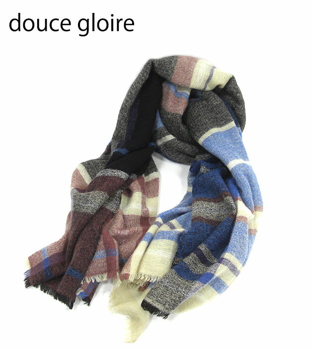 【douce gloire×Drawer】ドゥース グロワール ドゥロワー別注 大判チェック ストール ウール×カシミヤ ブルー×ワインレッド系 2020モデル RM2811 【中古】