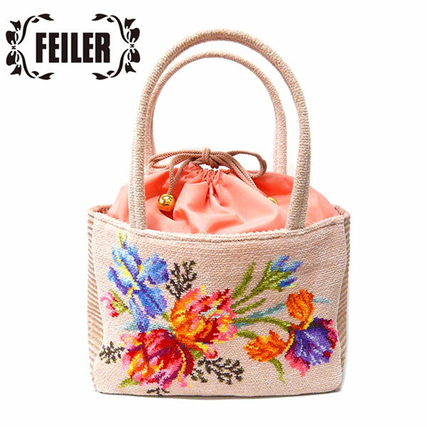 【FEILER】フェイラー マイア メッシュ 巾着 ハンドバッグ トートバッグ シュニール織 ベージュ（ピンク系） ON0555【美品】【中古】のサムネイル