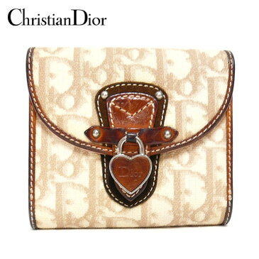 【Christian Dior】クリスチャンディオール トロッター柄 二つ折り 財布 Wホック ロゴハートカデナ PVC×レザー ベージュ×ブラウン ON0657【中古】