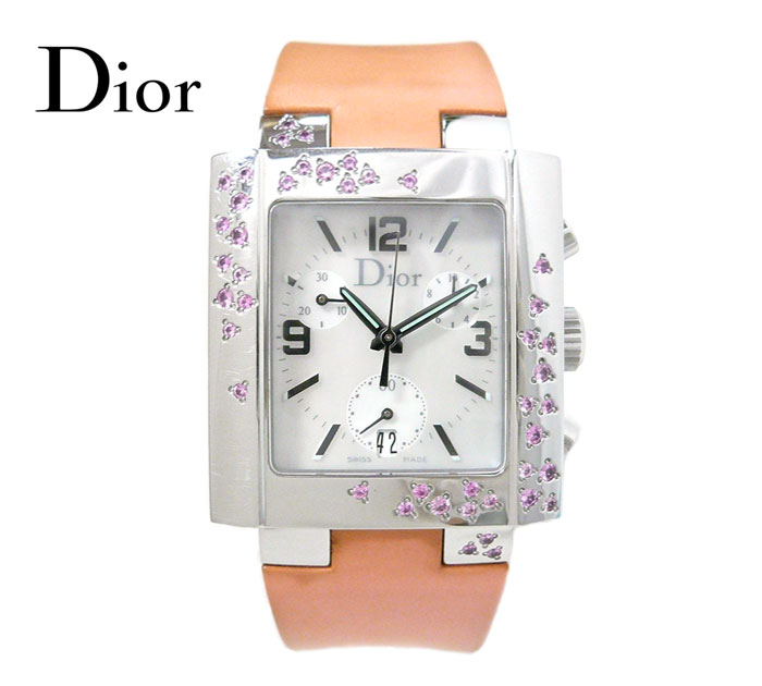 【Dior】ディオールリバクロノスパークリング クォーツ腕時計 ピンク ホワイトシェル文字盤 ラバーベルト CD074314 箱付き ON1340【中古】