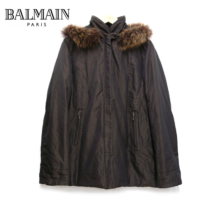 【BALMAIN】バルマンダウンコート ラクーンファー Mサイズ ダークブラウン系 茶 毛皮 フード取り外し可能 レディース ON1584【中古】