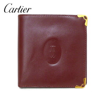 【Cartier】カルティエ マストライン 二つ折り財布（小銭入れあり） レザー 本革 ボルドー×ゴールド金具 ワインレッド コンパクト ウォレット 箱・ギャランティカード付き カルチェ ON2844【中古】