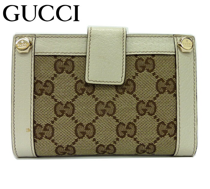 【GUCCI】グッチ ロゴボルト がま口 財布 ホワイトレザー×GGキャンバス ウォレット【中古】FF0926