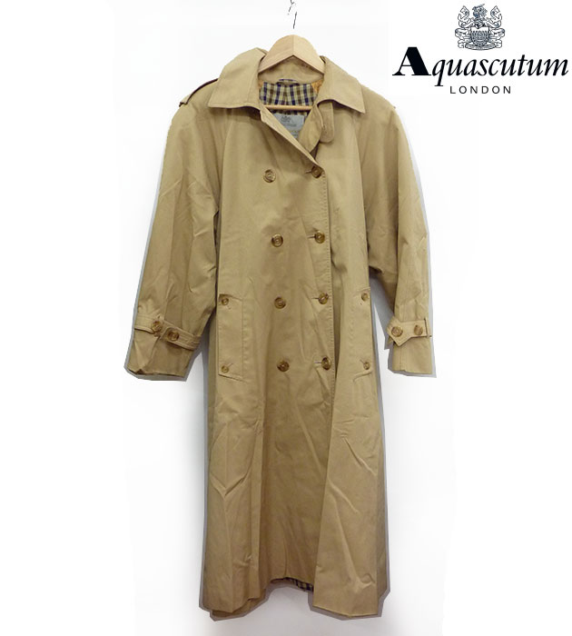 【Aquascutum】アクアスキュータム ヴィンテージ Aqua5 トレンチコート サイズ8 イングランド製 肩パッド入り ベージュ【中古】FF0937