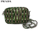 【PRADA】プラダ サテン リボン チェーンショルダーバッグ ストライプ ミニショルダー ミニバッグ グリーン系 【中古】FF2037