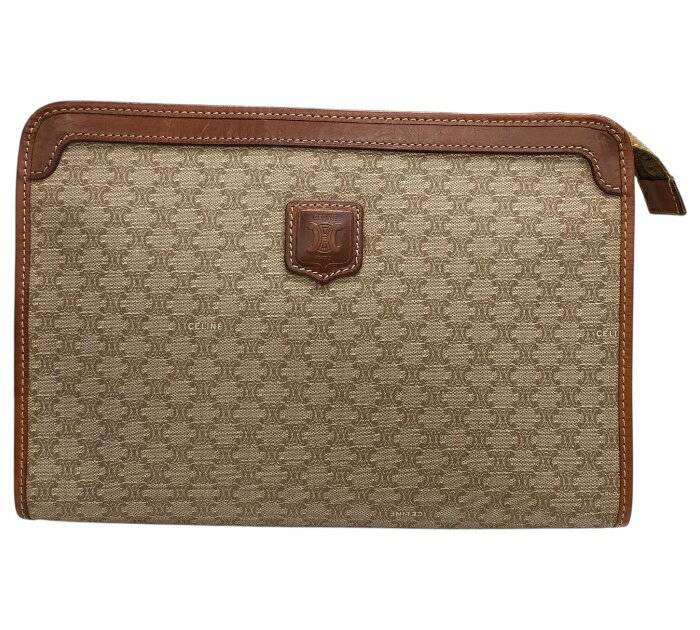 【CELINE】セリーヌ マカダム柄 セカンドバッグ クラッチバッグ ポーチ レザー ブラウン系×ゴールド金具 収納袋付き【中古】FB3680