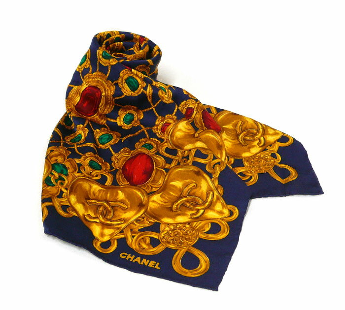 【CHANEL】シャネル 宝石柄 シルクスカーフ ココマーク ネイビー×ゴールド系 大判 ヴィンテージ イタリア製 ON5822【中古】のサムネイル
