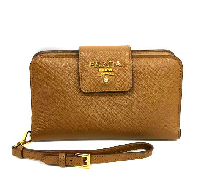 PRADA プラダ サフィアーノレザー ミニクラッチバッグ スマホケース ベージュ 1DF001*Gカード/箱付き【中古】