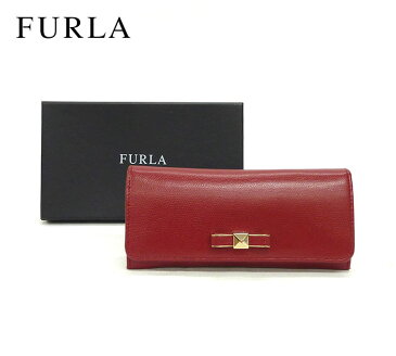 【FURLA】フルラリボンモチーフ2つ折り 長財布 ウォレット型押しレザー 牛革 レッド ゴールド金具 赤 リボン 箱付き【中古】FA0286