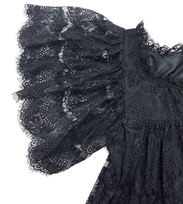 【Lois CRAYON】ロイスクレヨンブラック 総レースフレアスリーブ ワンピースミニ丈 サイズM 【中古】FA0401