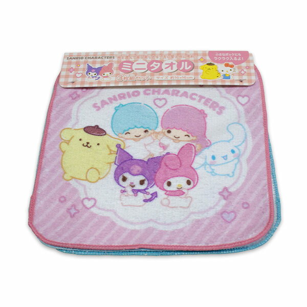 Hand Towel, Handkerchief - サンリオキャラクターズ ミニタオル3枚組 約16×16cm ポリエステル60％・綿40％ タオル タオルハンカチ ハンカチタオル プチタオル 2025-2026年