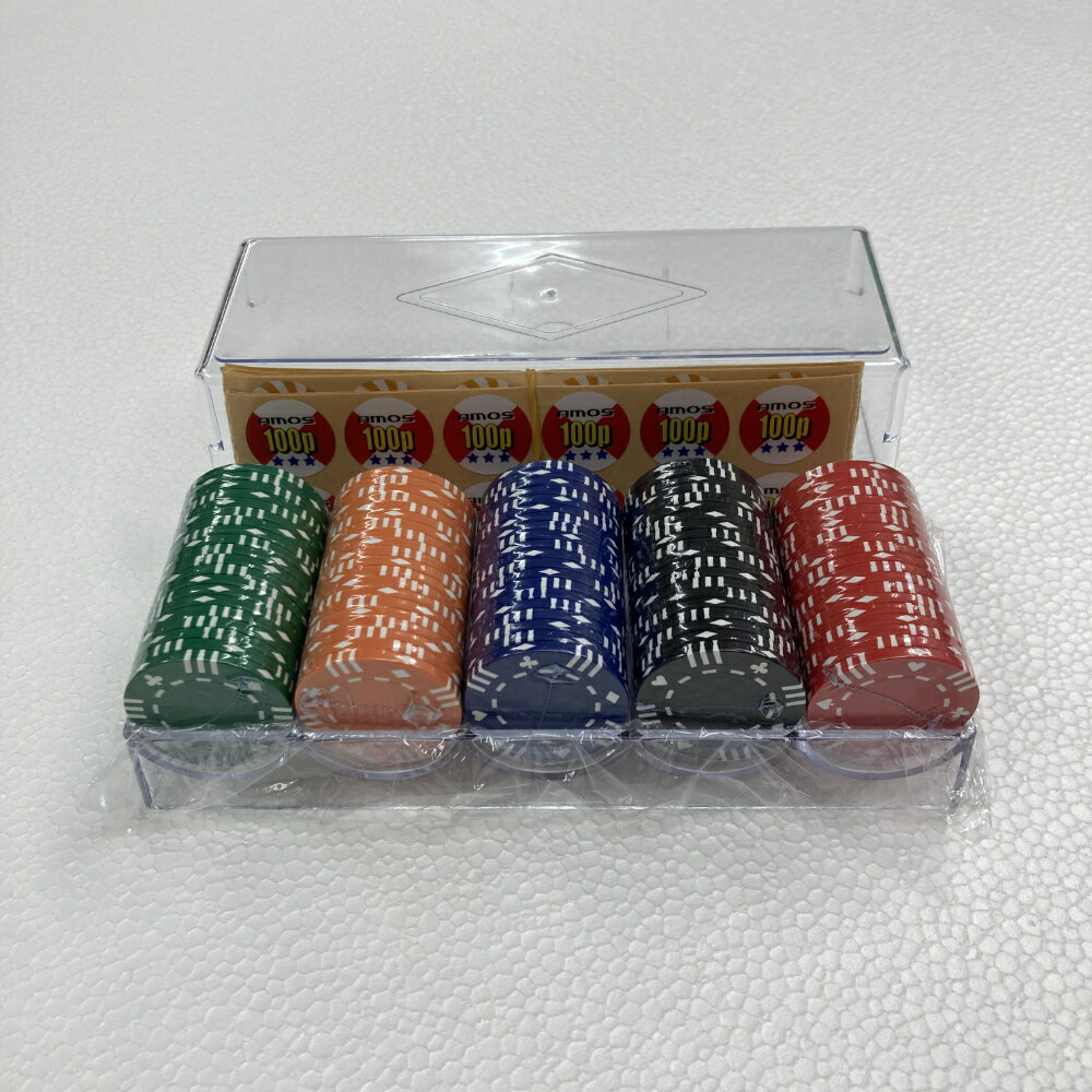 麻雀用ポーカーチップ 直径約40mm 厚み約3.4mm 重さ約8g 赤・黒・緑・紺・橙色の各色20枚の合計100枚入り シール標準セット付き麻雀（マージャン）用のポーカーチップです。全自動麻雀卓アモスシリーズに付いている本格的ポーカーチップです。もちろん家庭麻雀でも麻雀店（雀荘）でも使用できます。