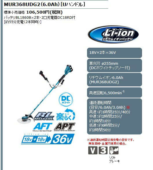 マキタ　 充電式草刈機 Uハンドル　36V MUR368UDG2 (6.0Ah電池x2・充電器付) 255mm...