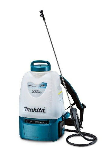 マキタ MUS200DRG (バッテリ・充電器付) 充電式噴霧器 20L 18V 6.0Ah ・機体寸法(長さ×幅×高さmm)　：　290×405×595 ・質量 (kg)　：　6.9（BL1860B含） ・タンク容量（L）　：　20 ・電源（V）　：　直流18 ・最高圧力（MPa）　：　2.0 ・吐出量（L / 分）噴霧　：　2頭口（高圧）　約2.0　除草（低圧）　約1.0 ・1充電あたりの作業量［連続作業時間］（目安）　BL1860B使用　：　2頭口（高圧/中圧）90/130L ［約50分/1時間20分］　除草（低圧）240L ［約8時間］ 標準付属品 2頭口ノズル・カバー付除草ノズル 計量カップ・ハーネス
