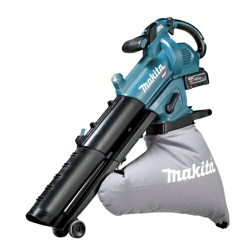 マキタ MUB005GZ (本体のみ) (バッテリ・充電器別売) 充電式ブロワ集じん機 40Vmax 【ブロワ風量】3.5(最大)(m3/min)(m3/分) ※ノズル付。 【ブロワ風速】 　最大：87m/s 　平均：71m/s ※ノズル付。 【集じん】 　最大風量：6.8m3/min(m3/分) 　最大真空度：4.2kPa 　集じん量：25L 【最大吸込仕事率】150W 【電源】直流36V(40Vmax) ※40Vmaxは満充電時のバッテリ電圧を表しています。 【1充電連続運転時間(目安)】 　ブロワ Low：約16分　High：約12分 　集じん Low：約13分　High：約10分 ※BL4040F装着時、最大風量での使用時。数値は参考値です。バッテリの充電状態や作業条件により異なります。 【本機寸法】長さ764～1014×幅184×高さ412mm ※ダストバッグ含む。 【質量】4.2kg ※BL4040F装着時。ダストバッグ含む。 標準付属品 ダストバッグ(25L) 肩掛けバンド