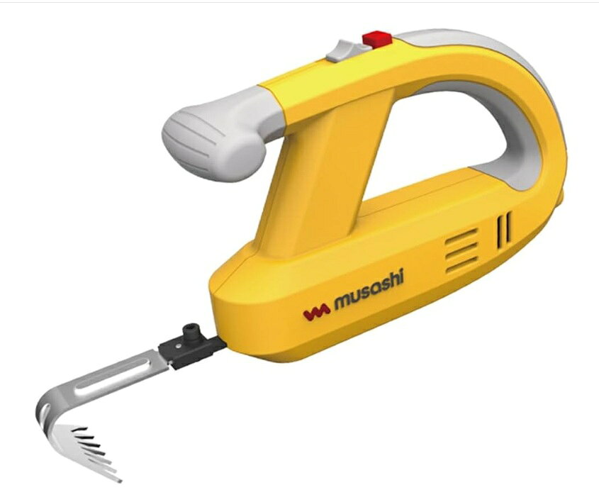 ムサシ WE-750 充電式 除草バイブレータ musashi ・電圧：直流7.2V ・内臓バッテリー：リチウムイオン電池7.2V　1500mAh（電池寿命の目安は充放電回数役250回） ・モーター：直流マグネットモーター7.2V ・連続使用時間：約25分（無負荷の使用時） ・充電時間：約4時間（周囲の温度で変わります） ・ストローク数（無負荷時）：約2300min-1（回/分） ・ストローク幅：8mm ・ブレード幅：50mm ・寸法：約長さ330×幅65×高さ175(mm)※ブレード取付時 ・重量：約960g ・本体材質：ナイロンガラス樹脂、エラストマー樹脂 ・刃材質：高炭素銅　ニッケルクロームメッキ ●充電器 ・入力電圧：AC100V ・入力周波数：50/60Hz ・消費電力：5W ・出力電圧：DC9.5V ・出力電流：400mAh ・重量：約60g