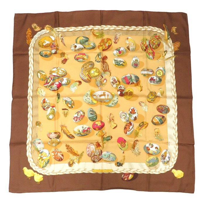 【中古】正規品 HERMES エルメス カレ90 スカーフ シルク Couvee d Hermes 『 エルメスの卵』ブラウン フランス製【送料無料】